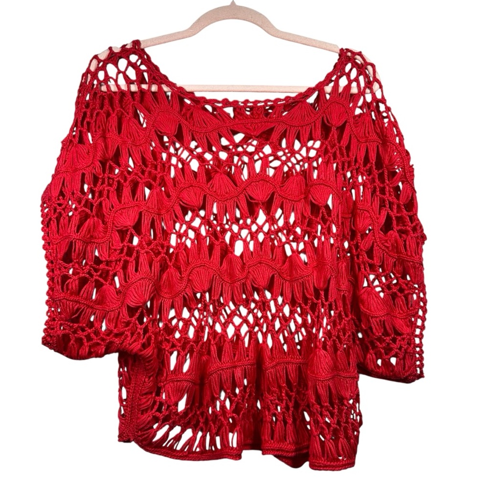 VIVID COLLECTION Neon Pink Crochet Knit Short Sleeve Sweater Small